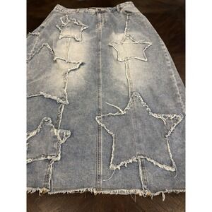 Hot Topic Social Collision Skirt Womens XL Blue Star Indigo Denim Midaxi Raw Hem